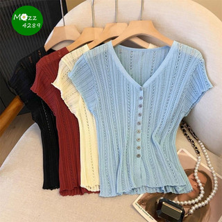 MQzz4289 *พร้อมส่ง* 6 สี เสื้อไหมพรมผู้หญิง คอวี สายหวาน สไตล์ฝรั่งเศส ยืดได้ถึง 46 นิ้ว สาวอวบใส่ได้ Freesize
