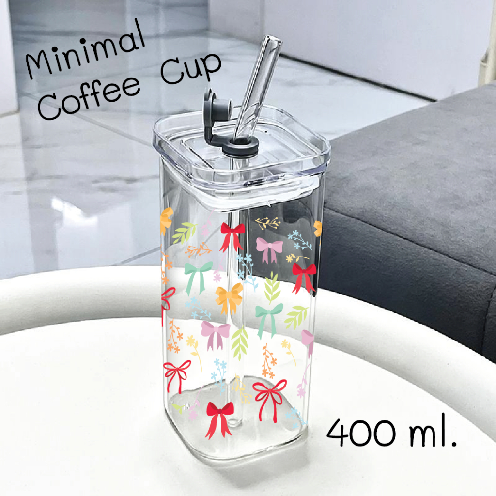 แก้วน้ำ แก้วมัทฉะ มินิมอล ทรงสี่เหลี่ยม 400ml. แก้วกาแฟพร้อมฝาปิด และหลอด สําหรับชา นม น้ําผลไม้