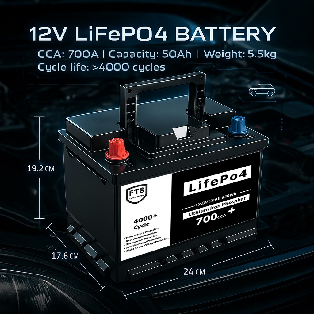 แบตเตอรี่รถยนต์ รถไฟฟ้า 12V 50Ah ขั้ว R,L V.2