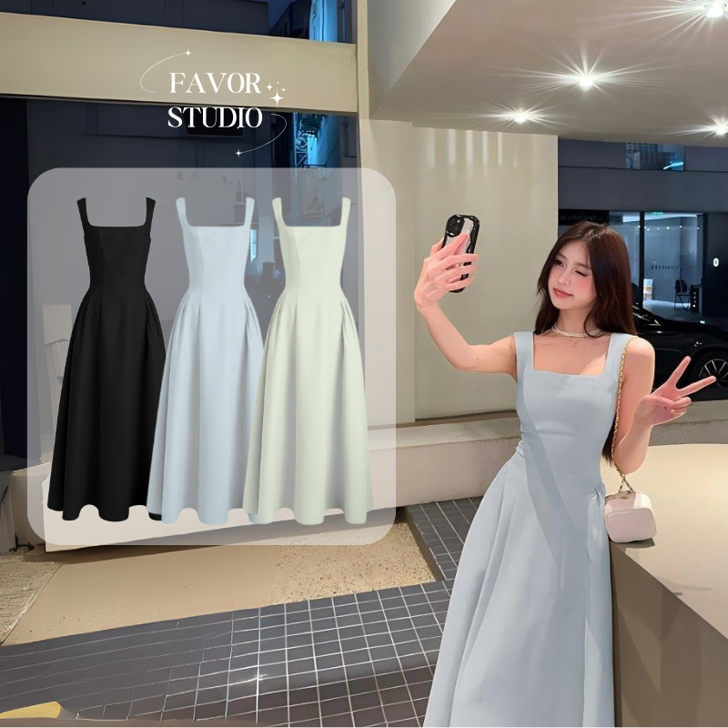 เติมสต๊อกแล้ว💓【S-5XL】 เดรสยาวปานกลาง คอเหลี่ยม แขนกุด ทรง A-line สไตล์มินิมอลสุภาพ