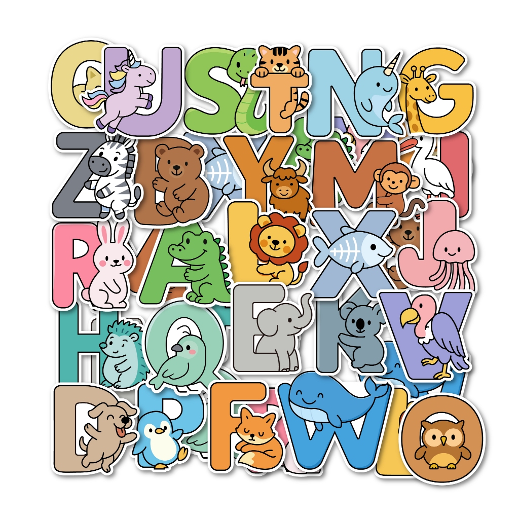 52PCS การ์ตูนสัตว์ตัวอักษรภาษาอังกฤษสติ๊กเกอร์ DIY ถ้วยน้ำแล็ปท็อปสติกเกอร์ของขวัญวันเด็ก