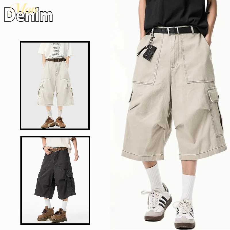 🔆ManDenim🔆 กางเกงขาสั้นคาร์โก้สำหรับผู้ชาย สตรีทฤดูร้อน ดีไซน์จีบ กระเป๋าหลายช่อง กางเกงขายาวทรงตรงหลวมๆ ลำลอง