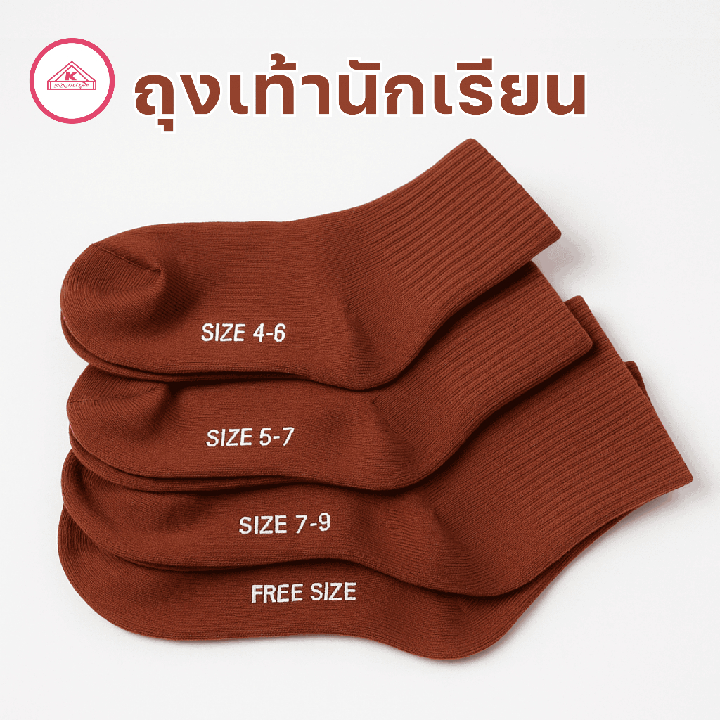 ถุงเท้านักเรียน สีน้ำตาล ทุกไซส์ 4-6, 5-7, 7-9, Freesize