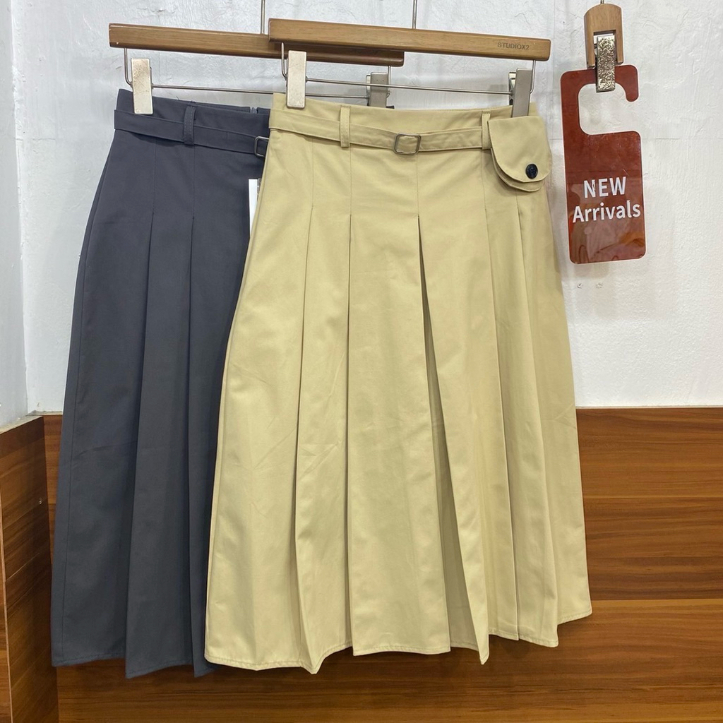 พร้อมส่ง🚩9963 STUDIOX2 MIDI PLEATED SKIRT WITH BELT SMLXLXXL กระโปรงพลีททรงเอความยาวประมาณเข่า มีซิปหลังและมีเข็มขัดให้