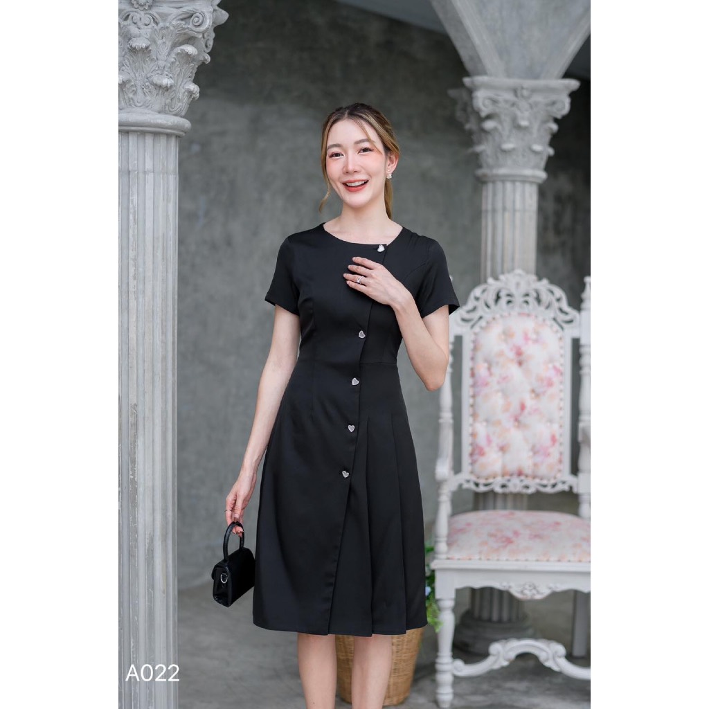 A022ชุดเดรสผ้าพื้นรุ่นกระดุมหัวใจรุ่นขายดี