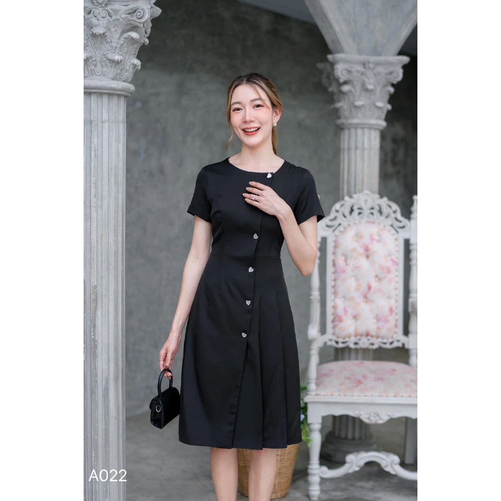 A022ชุดเดรสผ้าพื้นรุ่นกระดุมหัวใจรุ่นขายดี