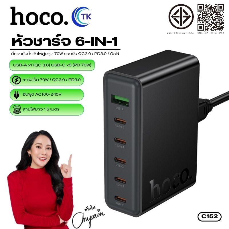 หัวชาร์จเร็ว 6 ช่อง USB-A/USB-C HOCO C152 ปลั๊กเสียบขาแบน สายไฟยาว 1.5 เมตร 70W ดีไซน์ล้ำสมัย พกพาสะ