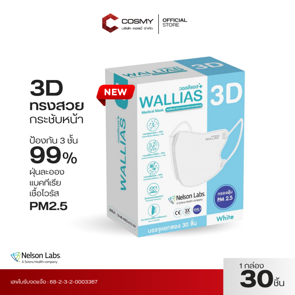 รุ่นใหม่3D WALLIAS Medical Mask แมสก์ 3D ทรงสวย ใส่สบาย หน้ากากอนามัยทางการแพทย์ ป้องกันฝุ่น PM2.5  ผ่านการทดสอบจาก USA
