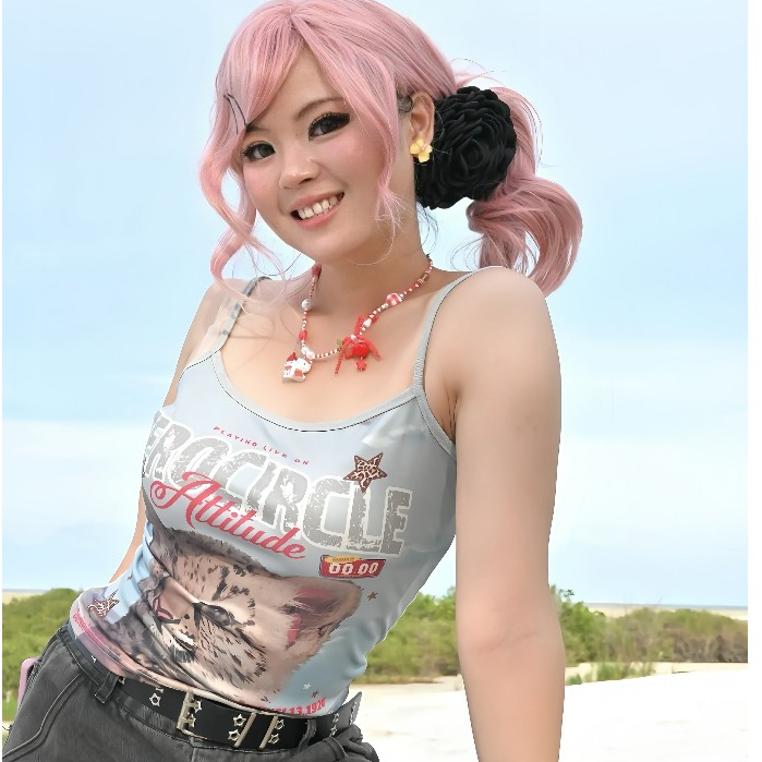 Kitty พร้อมส่ง เสื้อกล้าม เสื้อแขนกุดผู้หญิง พิมพ์ลายเท่ๆเสื้อสายเดี่ยวทรงเข้ารูปY2K เซ็กซี่แฟชั่น สไตล์เกาหลี ไปคาเฟ่ ราคา ถูกที่สุด ดีลบีเคเค แกลเลอรีภาพที่ 7