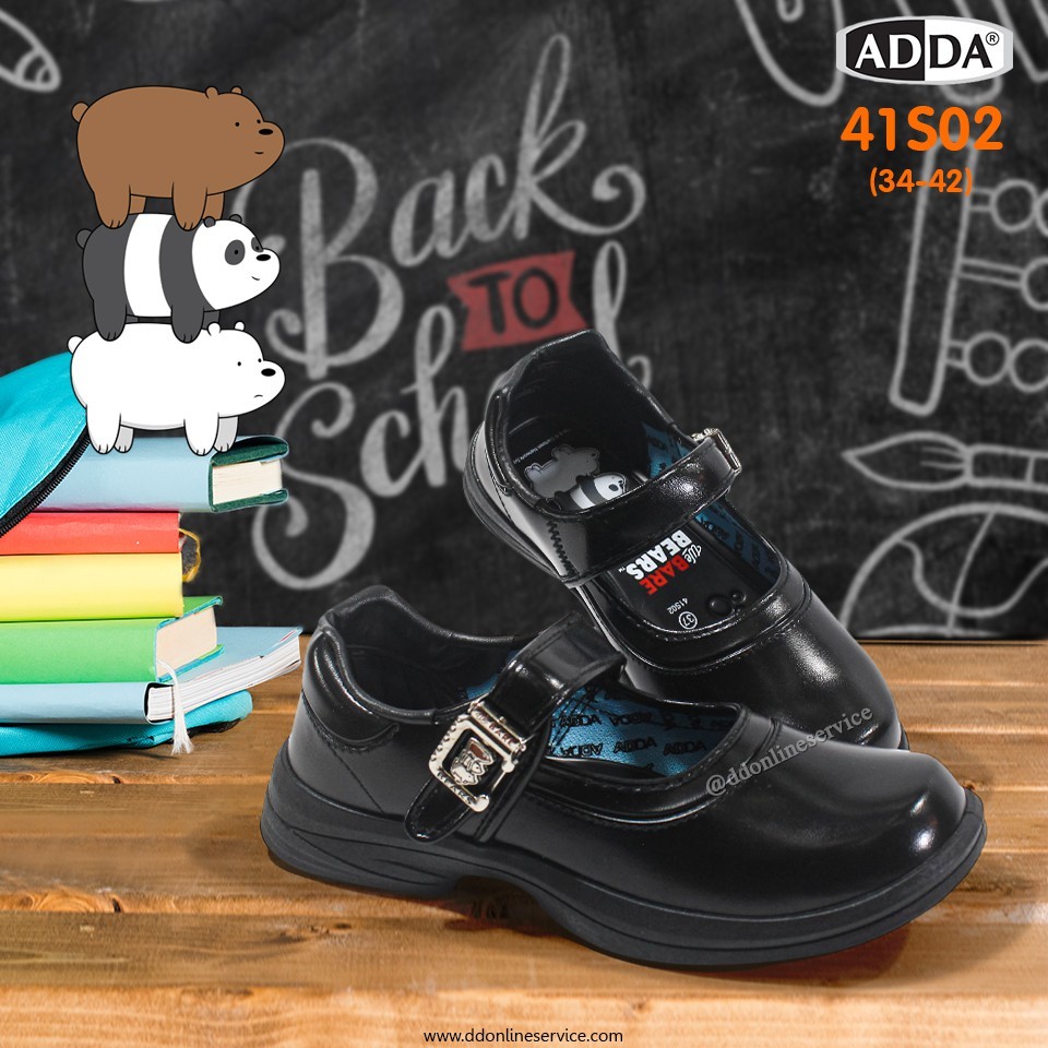 รองเท้านักเรียน Adda หนังดำ เข็มขัดล็อก รองเท้านักเรียนหญิง เด็กโต ลายหมี Bear เบอร์ 34-43 (สินค้าพร้อมส่ง)
