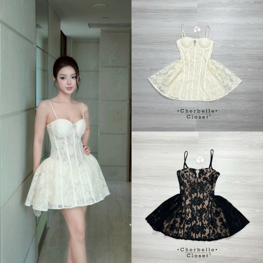 Cherbelle Closet มินิเดรสสายเดี่ยวลูกไม้สายปรับระดับได้ ( สอบถามสต๊อกก่อนกดสั่งซื้อนะคะ)