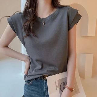 เสื้อแฟชั่นมาใหม่ล่าสุด สีพื้น oversize เสื้อผ้าสาวอวบน่ารักสไตล์เกาหลี เสื้อยืดแขนสองชั้นสวยๆผู้หญิงกําลังฮิตใหม่ล่าสุด