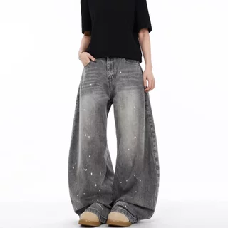 toki- กางเกงยีนส์ผู้ชาย ทรงตรง ทรงหลวม สีเทา กระบอกใหญ่ทรงบอลลูน Unisex ไซส์ M-3XL สไตล์อเมริกันวินเทจ baggy jeans