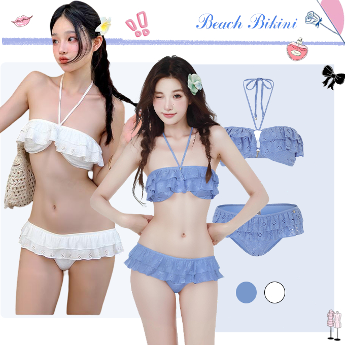 🌸Beach Bikini🌸ชุดว่ายน้ำbikini ชุดว่ายน้ำผู้หญิง ชุด 2 ชิ้น สีทึบ ระบาย เซ็กซี่ รุ่นใหม่ beachwear