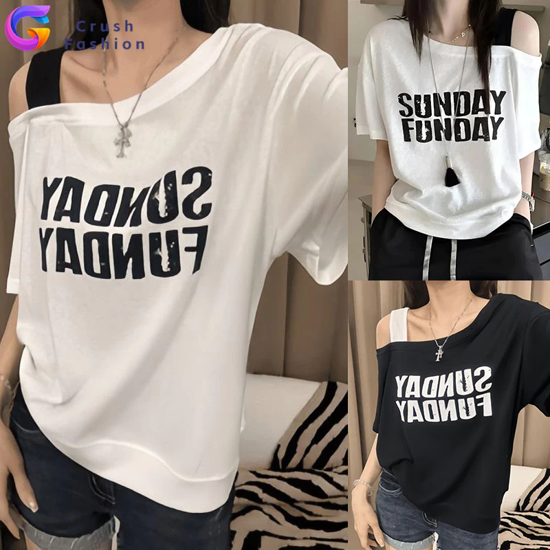 Crush พร้อมส่ง ทรงหลวม เสื้อยืดเปิดไหล่ เสื้อเเขนสั้นผู้หญิง ใส่เเบบเปิดไหล่ได้ ผ้านิ่ม