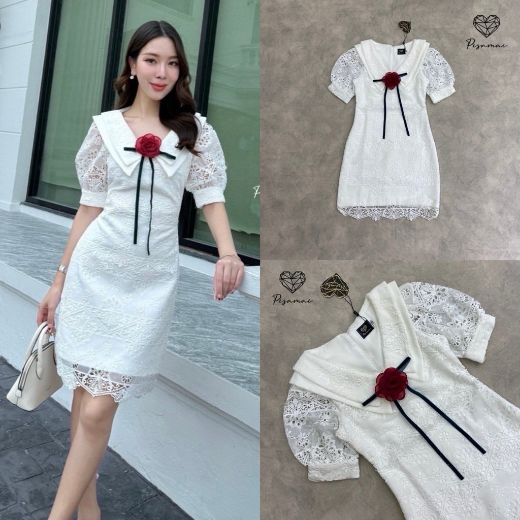 [PISAMAI] เดรสแขนตุ๊กตาสีขาวตัวสั้นงานฉลุลูกสั้นแต่งคอปกซ้อน2ชั้น มาพร้อมกับเข็มกลัดดอกกุหลาบเข้าเซ็ต