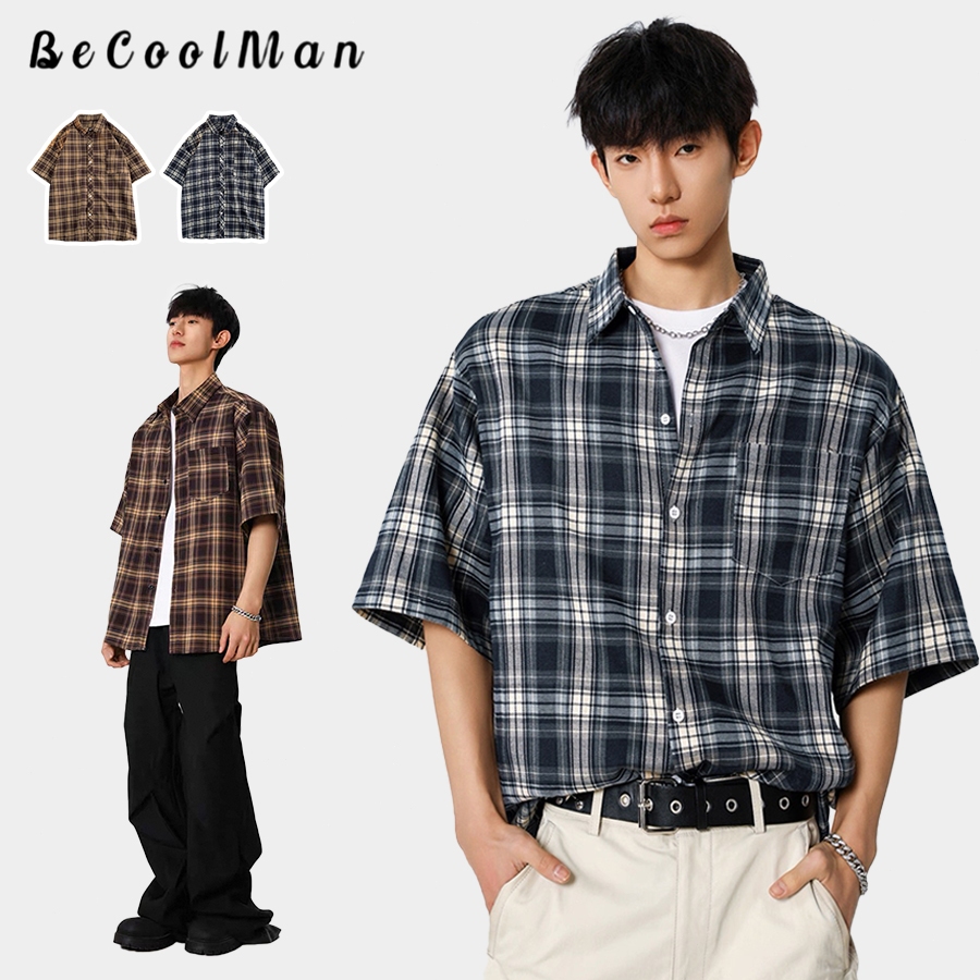 💥BecoolMan💥เสื้อวินเทจสไตล์อเมริกัน  เสื้อคอปกผู้ชาย  สีต่อ  ลายสก๊อต  ลำลอง