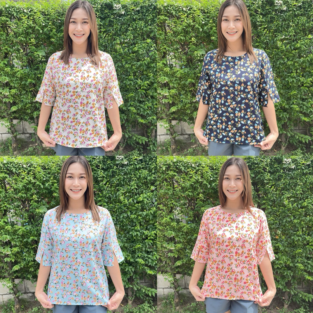 เสื้อคอปาด แขนสามส่วนผ่าปลายแขน ผ้สไหมอิตาลี อก40-46 นิ้ว