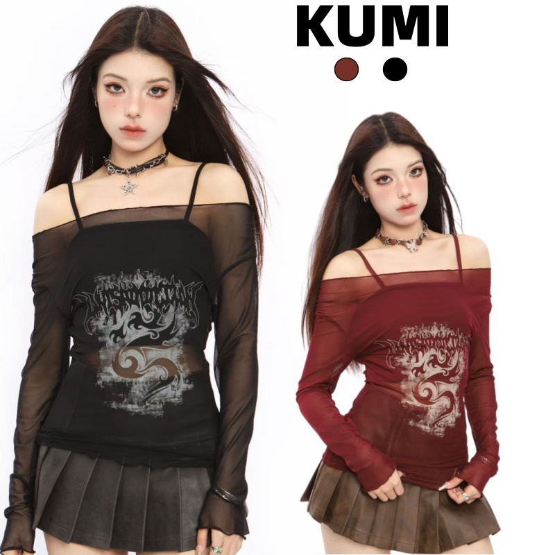 KUMIKUMI พร้อมส่ง🐲เสื้อครอป เซ็ต2ชิ้น🐲ซีทรูY2Kเสื้อปาดไหล่แขนยาว เซ็กซี่ผู้หญิง พิมพ์ลายมังกร แซ่บๆ ทรงรัดรูป แนวสตรีท