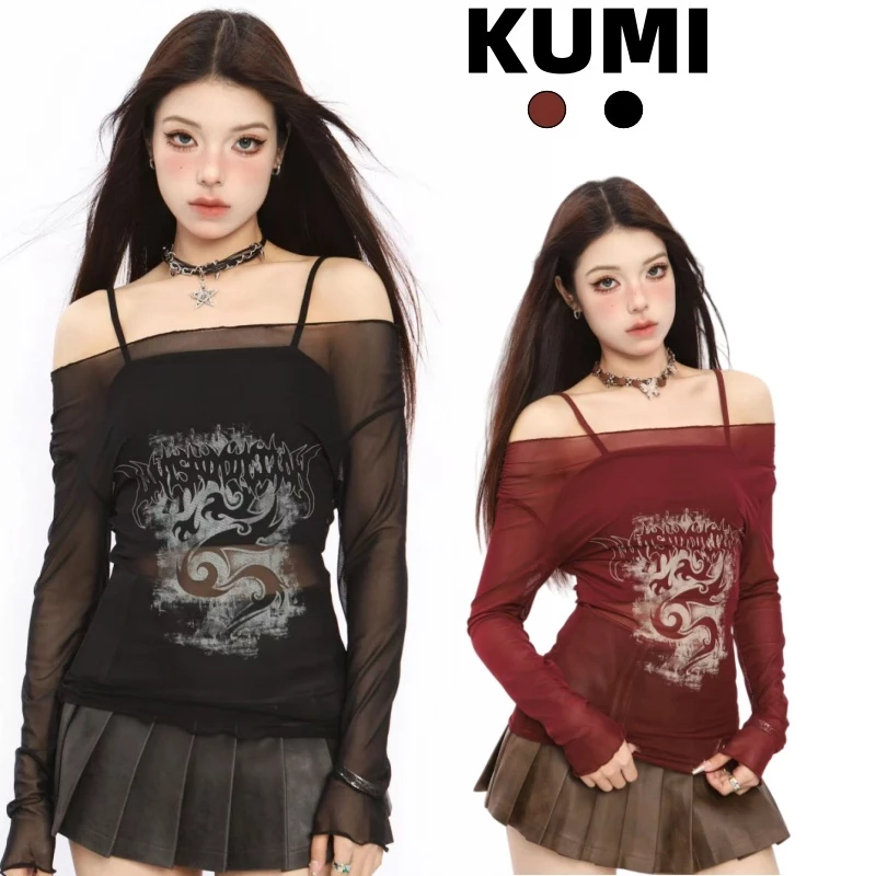 KUMIKUMI พร้อมส่ง🐲เสื้อครอป เซ็ต2ชิ้น🐲ซีทรูY2Kเสื้อปาดไหล่แขนยาว เซ็กซี่ผู้หญิง พิมพ์ลายมังกร แซ่บๆ ทรงรัดรูป แนวสตรีท