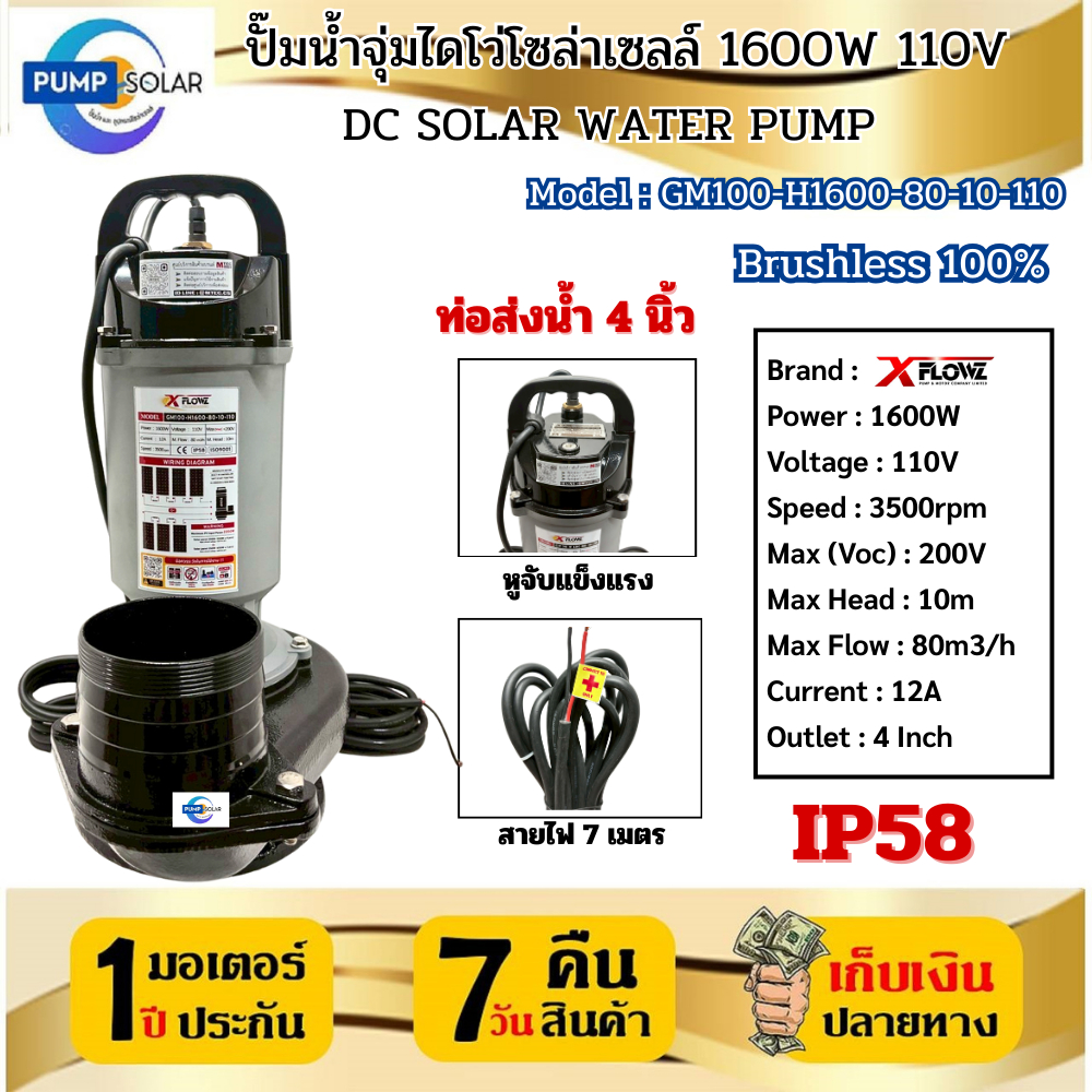 ปั๊มน้ำแบบจุ่ม ไดโว่โซล่าเซลล์ 1600W 110V Model : GM100-H1600-80-10-110 ท่อขนาด 4 นิ้ว