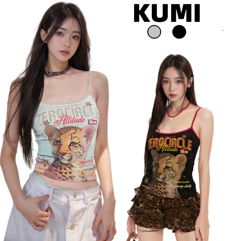 KUMI พร้อมส่ง🐆เสื้อสายเดี่ยวผู้หญิง🐆เสื้อกล้าม ลายเสือดาว เสื้อครอปทรงเข้ารูป สไตล์สาวฮอตY2K ต่างตัวง่าย ใส่ไปคอนเสิร์ต