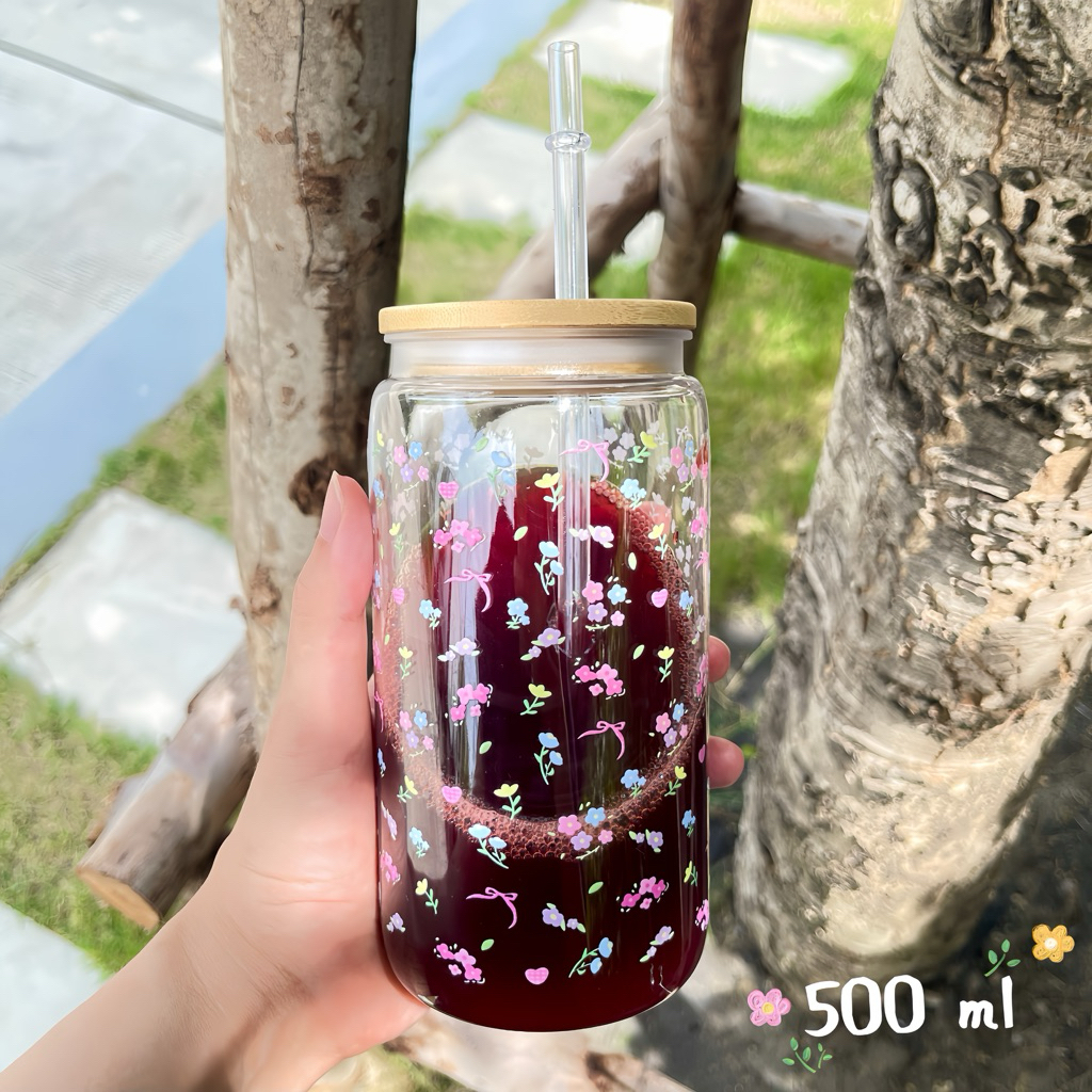 แก้วน้ำ พร้อมหลอดและฝา สกรีนลายนูน ลายการ์ตูน น่ารัก ขนาด 500 ml พร้อมส่งจากไทย