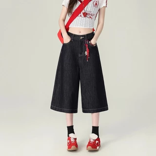 S~5XL สุภาพสตรีฤดูร้อนขากว้างกางเกงยีนส์เทรนด์หลวม Capris กางเกงขาสั้นลำลองร้อยกางเกงยีนส์ขาสั้น