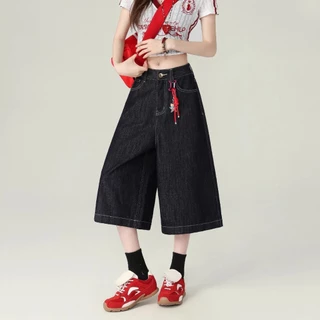 S~5XL สุภาพสตรีฤดูร้อนขากว้างกางเกงยีนส์เทรนด์หลวม Capris กางเกงขาสั้นลำลองร้อยกางเกงยีนส์ขาสั้น