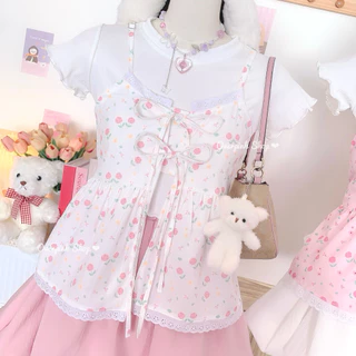 🌸OVP🌸 เสื้อครอปสายเดี่ยว ผ้าพิมพ์ลาย แต่งผูกโบว์ด้านหน้า เสื้อลายดอกไม้ เสื้อลายโบว์ (1-3)