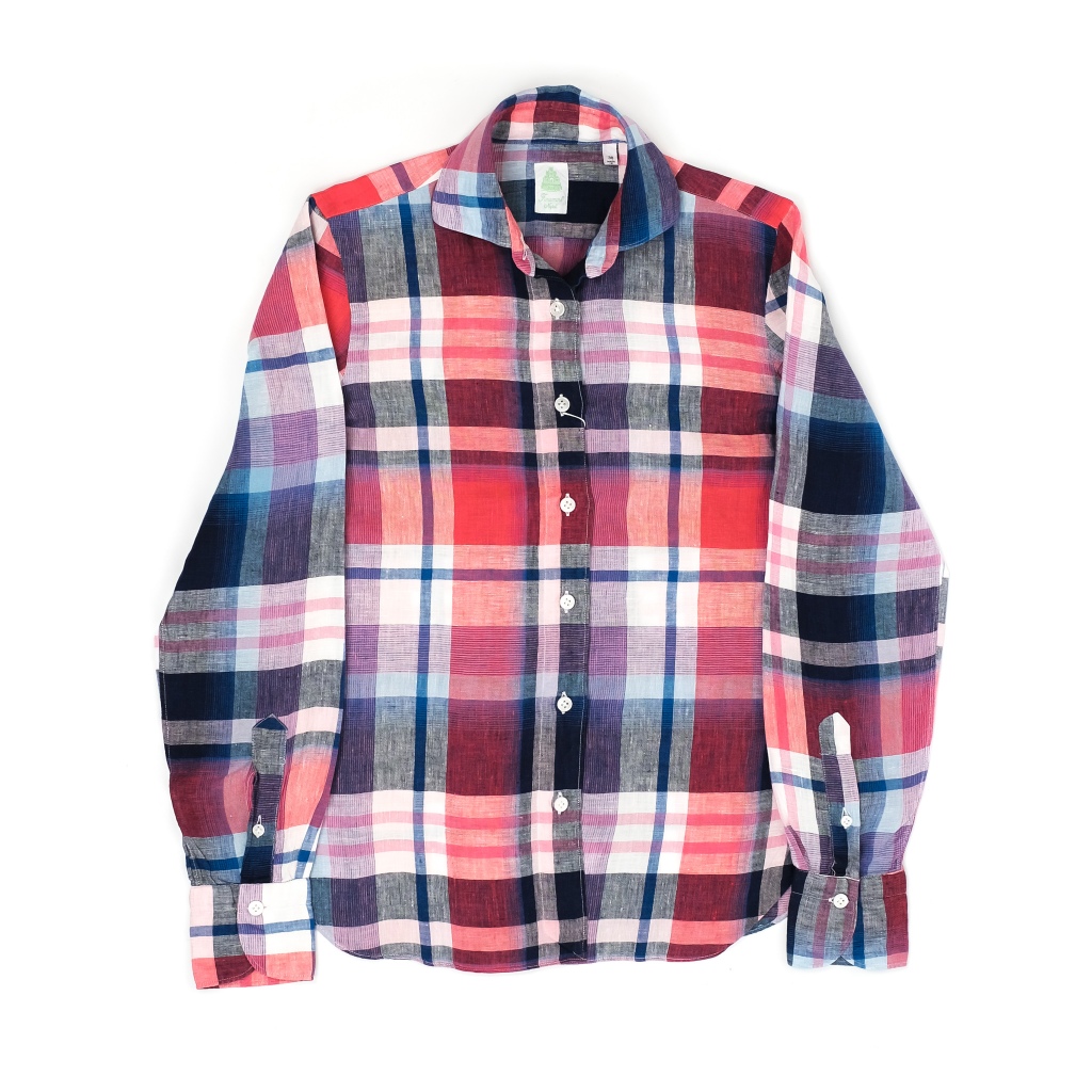 XS - FINAMORE NAPOLI Red Tartan Plaid Cut-away Collar Linen Shirt