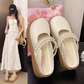 พร้อมส่งจากไทย 【6836】รองเท้าคัทชูทรงหัวโตแต่งไข่มุกมินิมอลหว…