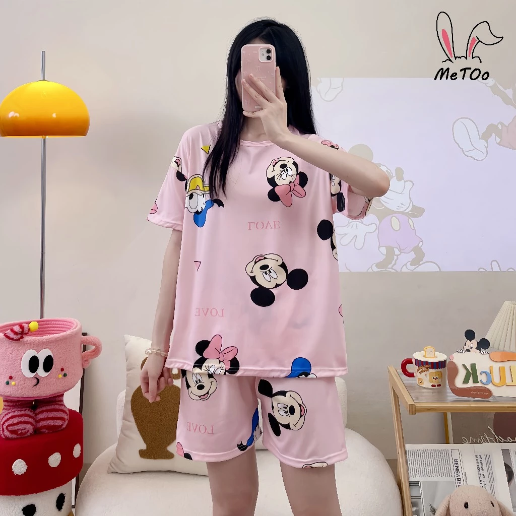 MeToo ผ้าฝ้ายสไตล์ญี่ปุ่นชุดนอนผู้หญิงแขนสั้น ทรงหลวมมีหลายสีผ้าลื่นๆใส่นอนไม่ร้อนระบายอากาศได้สบาย ชุดนอนคอกลม+กางเกงนอ thumbnail 7