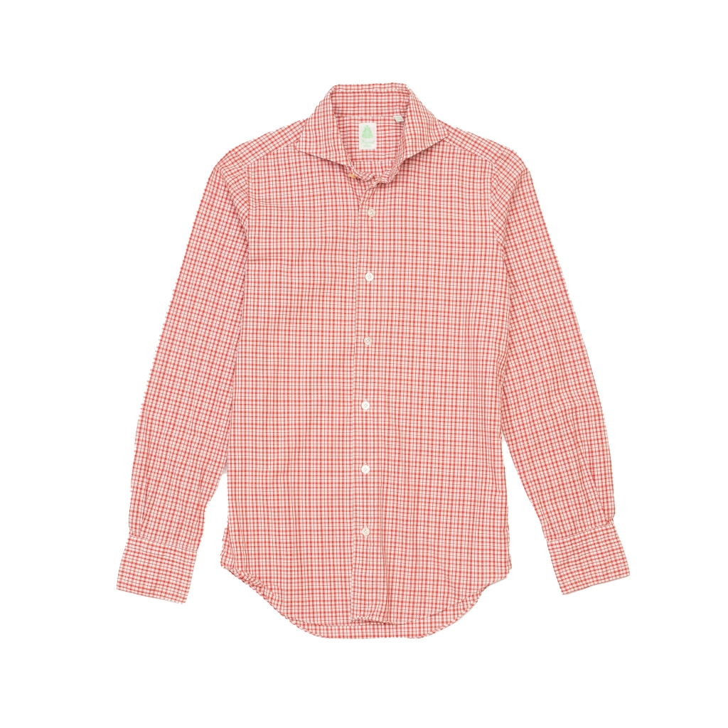 S - FINAMORE NAPOLI Red Double Windowpane Stripe Cut-away Collar Cotton Shirt