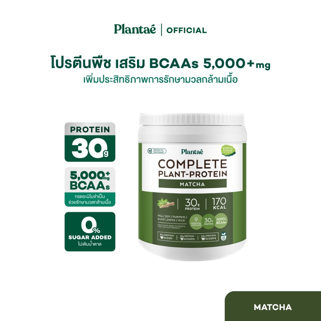 Plantae Complete Plant Protein รส Matcha กระปุก 800g โปรตีนจากพืช plant based เพิ่มกล้ามเนื้อ โปรตีน