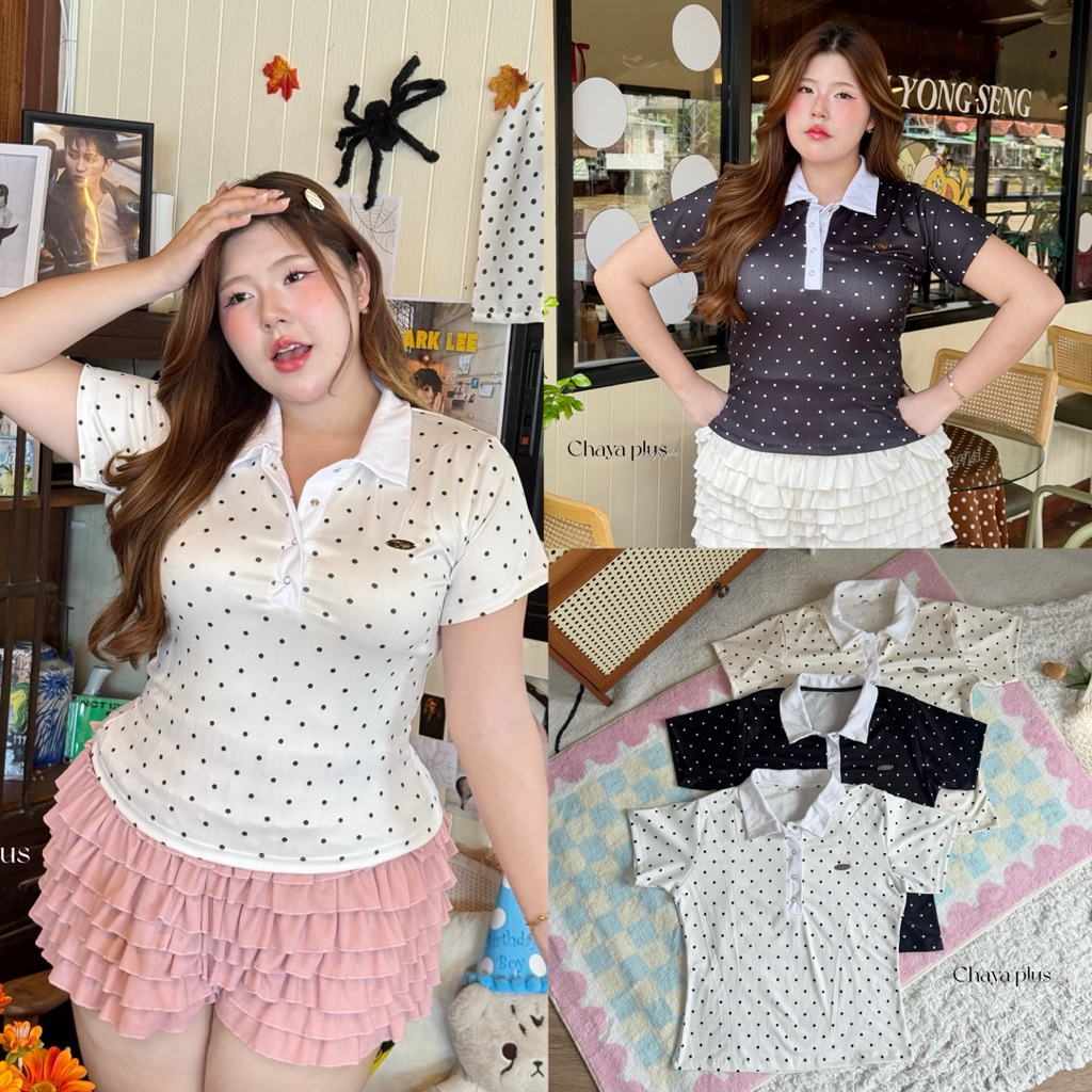 (LD) เสื้อเชิ้ตคอปก ผ้าลายจุด สุดน่ารัก ใส่แล้วเอวสับเข้ารูปสุดๆ แมทซ์ง่าย เสื้อผ้าสาวอวบอ้วน พลัสไซส์ ไซส์ใหญ่