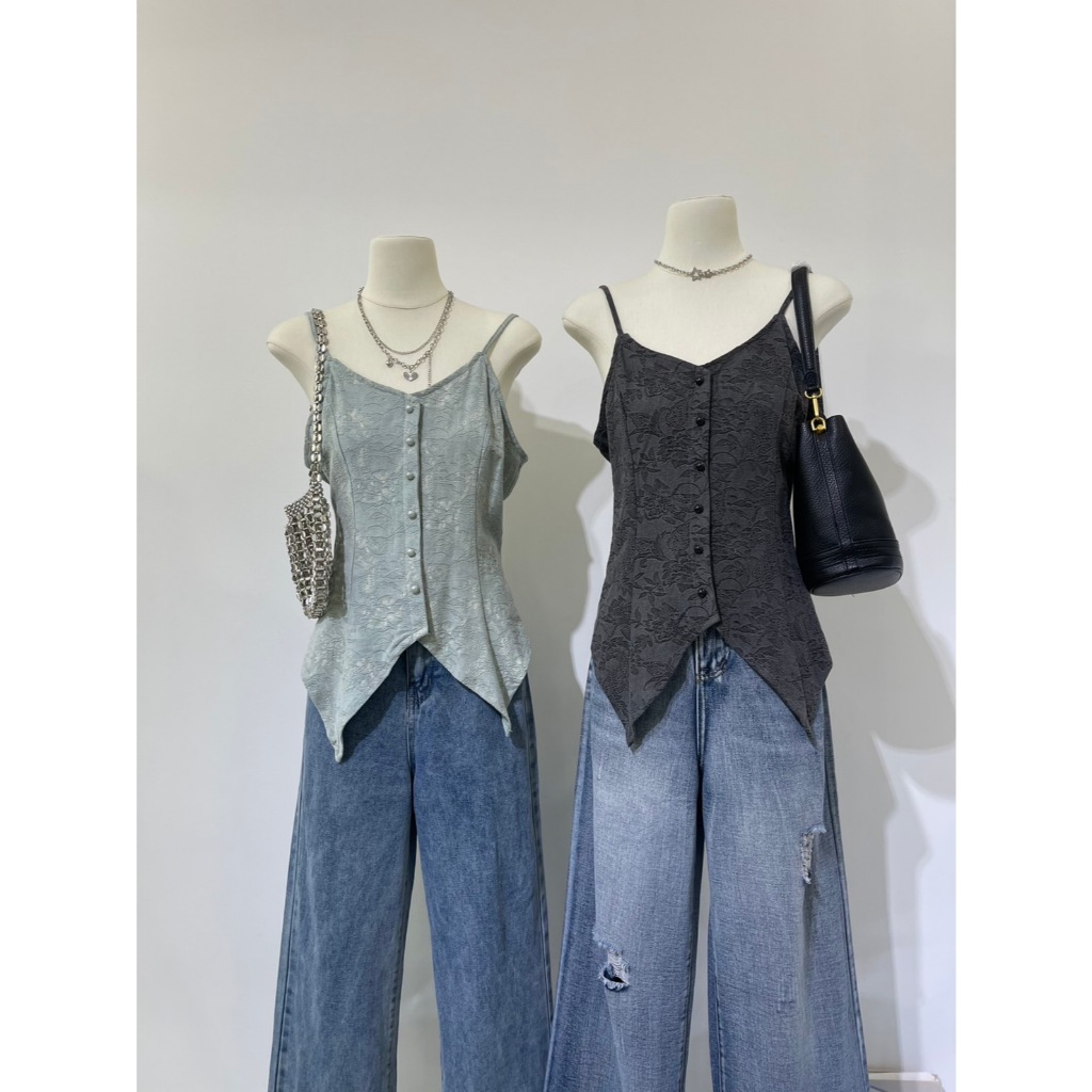#ป้าย  [พร้อมส่ง] M1745 เสื้อสายเดี่ยวลูกไม้ลายทอ ดีไซน์ชายเฉียง | มี 2 สี  เสื้อสายเดี่ยวสไต