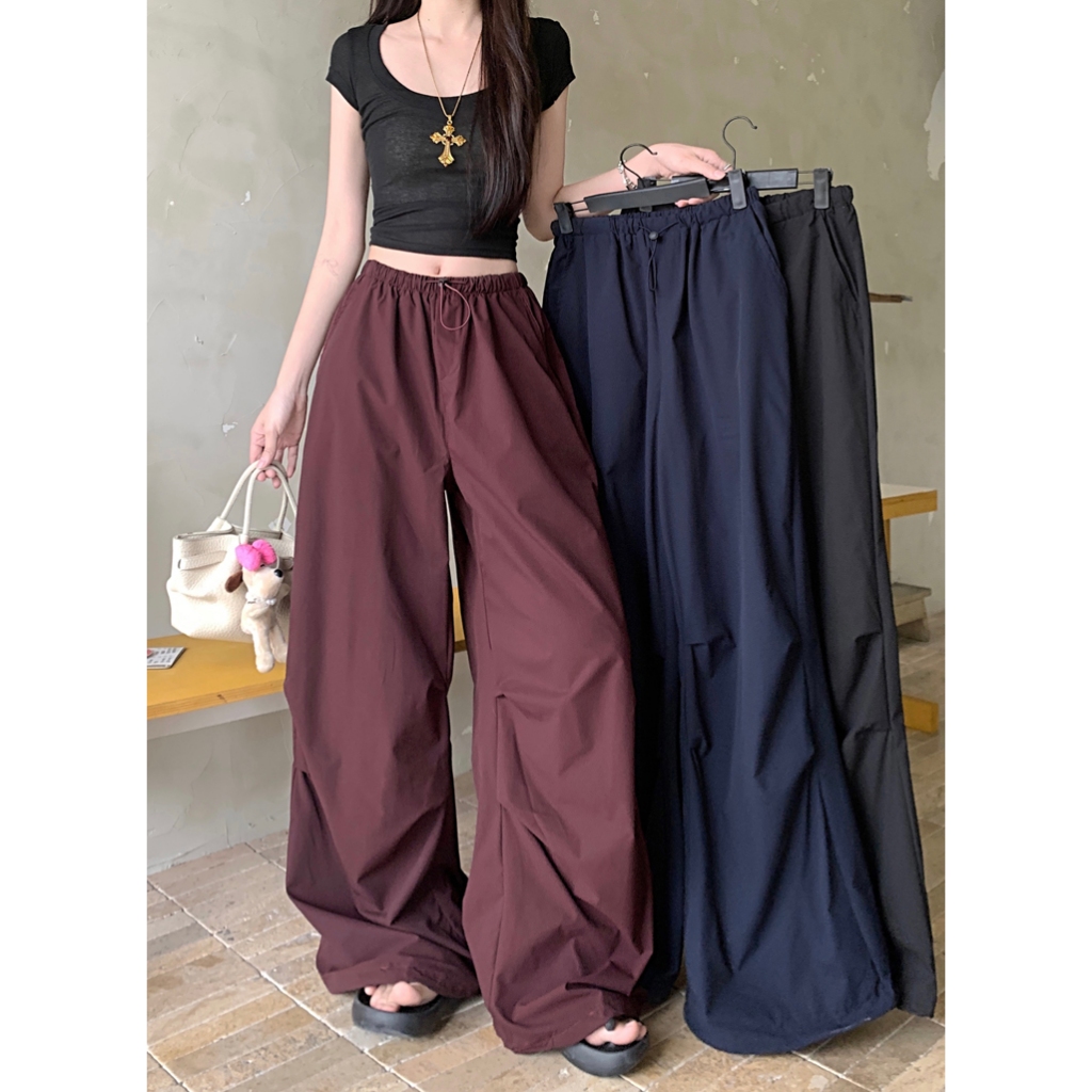 กางเกงกระบอก กางเกงคาร์โก้ งานจีบด้านข้าง สไตล์ Y2K มีความทิ้งตัว ไม่อบอ้าว #11256