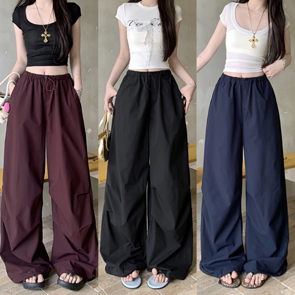 กางเกงกระบอก กางเกงขายาวผู้หญิง งานจีบด้านข้า ใส่ได้ทุกหุ่น  มีความทิ้งตัว เเมทช์ง่าย #010256
