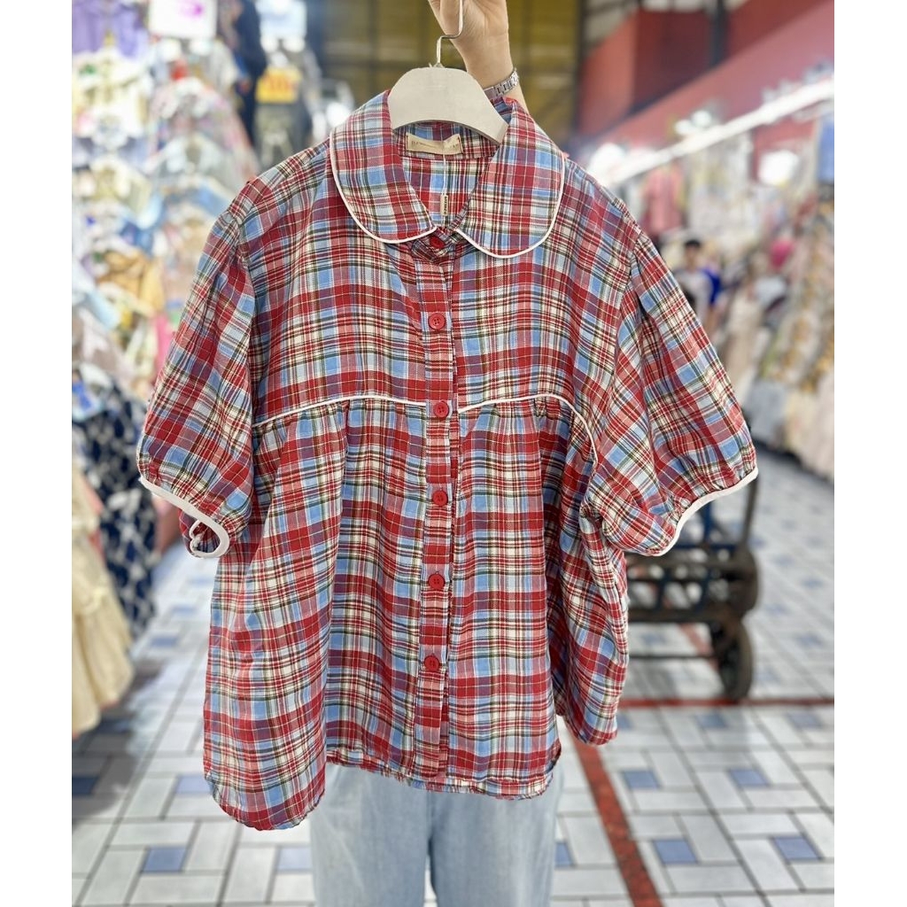 เสื้อลายสก็อต❤️ สก็อตแม่ชม 💙 เสื้อเชิ้ตแฟชั่นมาแรง ยอดฮิต ทรงคอบัวแขนตุ๊กตา แฟชั่นสาวอวบ