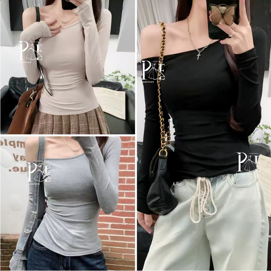พร้อมส่ง เสื้อปาดไหล่ แขนยาว เอวสม็อค 1 ข้าง ทรงสวย แนวเกาหลี ผ้าเรยอน ยืดได้เยอะมาก สาวอวบอ้วนใส่ได้