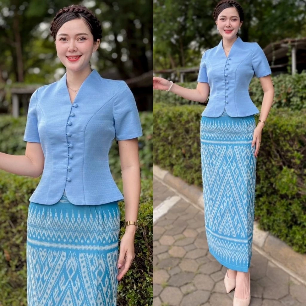 H-NA (ขายแยก)💓💓 ชุดผ้าไทยสีฟ้า เสื้อคอปีนไหมม่อนแขนสั้น กระดุมหน้า +ผ้าถุงแบบสำเร็จรูปผ้าฝ้ายทอป้ายสำเร็จรูป