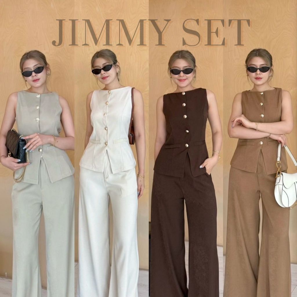 Jimmy Set- ชุดเซ็ทขายาว 2 ชิ้น เสื้อตัวยาวแขนกุดคอปาดแต่งกระดุมทอง ชุดเซ็ทขายาวออกงาน BETTY (B028)