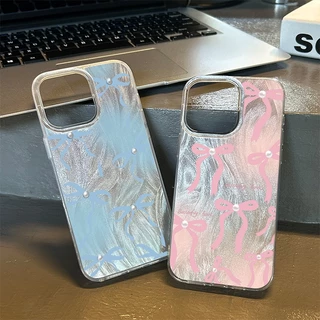เคสสีชมพูน้ำเงิน Pearl Bow สุดหรู เคสไอโฟน13 เคส IPhone 11 Pro 16 13 14 15 12 Pro Max XR X XS Max 8 7 15 Plus 16Pro Max