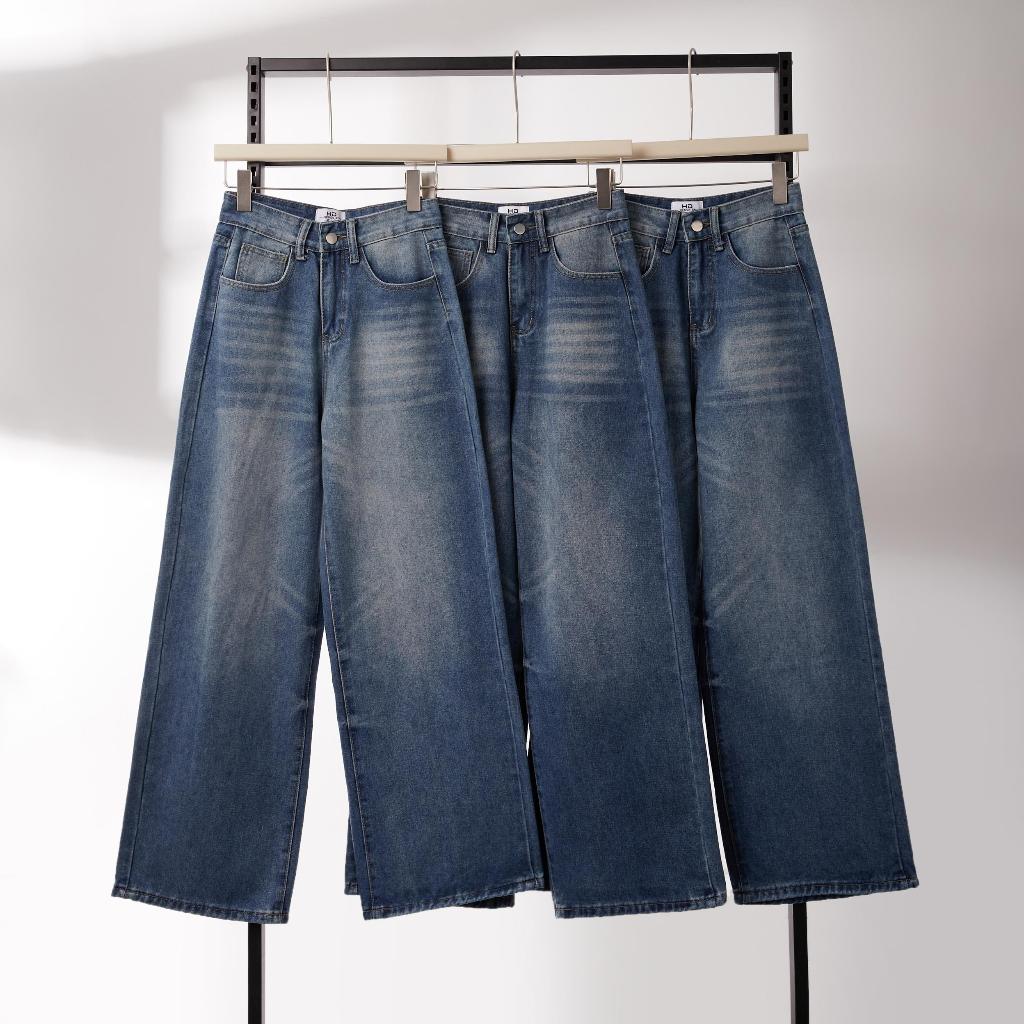 HELLDUL 9911 กางเกงยีนส์ ทรงกระบอกใหญ่ แต่งเพต เอวเข้ารูป  ใส่สบาย ไม่บาง แมตง่าย