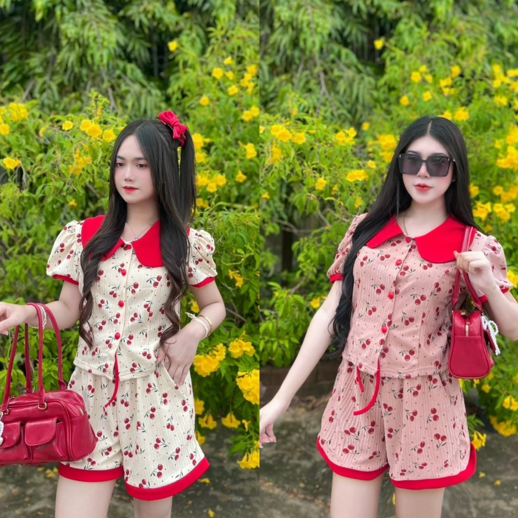 Set 2 ชิ้น เสื้อ+กางเกง (( ลายเชอร์รี่ )) คอบัว แขนตุ๊กตา มีกระเป๋า2ข้าง