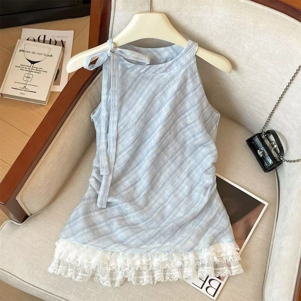 LINNA~Tคอกลม ขอบลูกไม้ ผูกขึ้น เสื้อเชิ้ต เวอร์ชั่นเกาหลี สไตล์ใหม่ สไตล์แฟชั่น