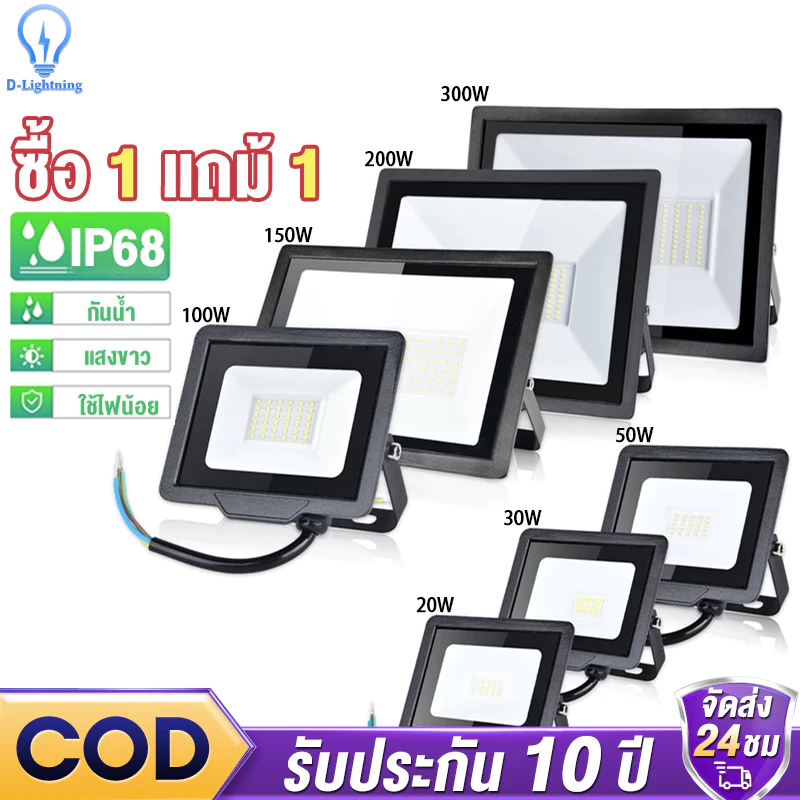 สปอตไลท์ led ไฟสว่าง Spotlight LED (ใช้ไฟบ้าน 220V) แสงขาว กันน้ำ IP68 20W 30w 150W 200w 300w