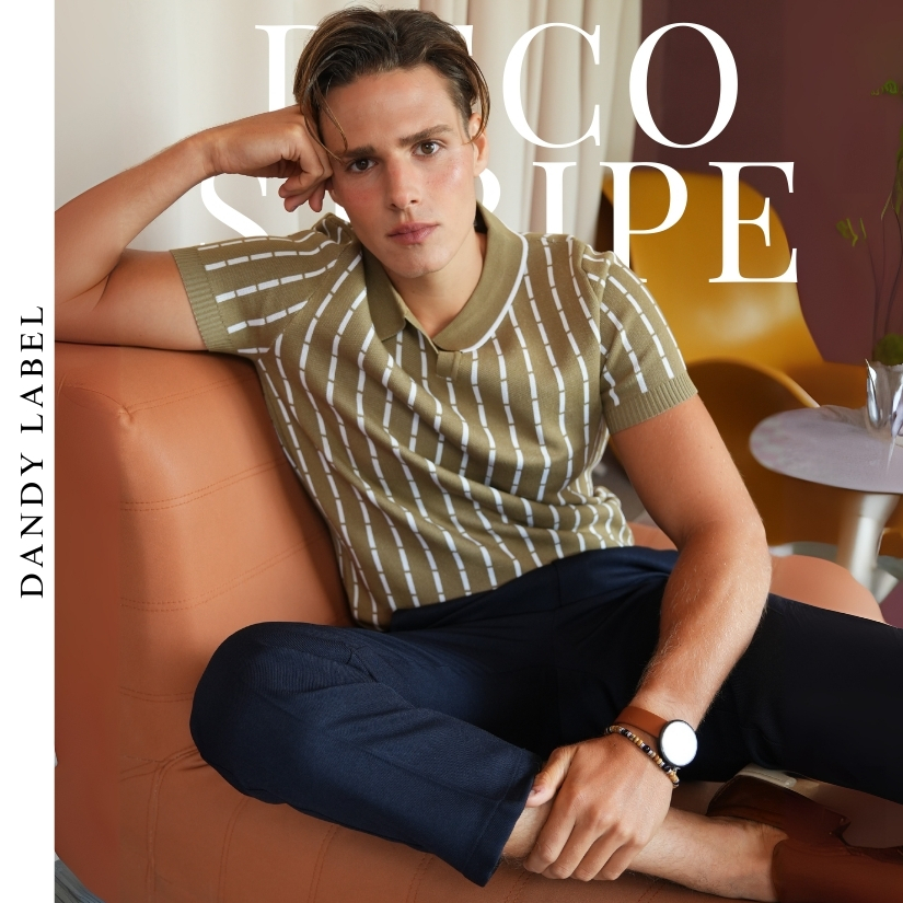 DANDY LABEL | [3สี] เสื้อไหมพรมผู้ชาย รุ่น Deco Stripe คอปก แขนสั้น สไตล์เกาหลี ใส่สบาย ไม่ร้อน ทรงสวยมาก