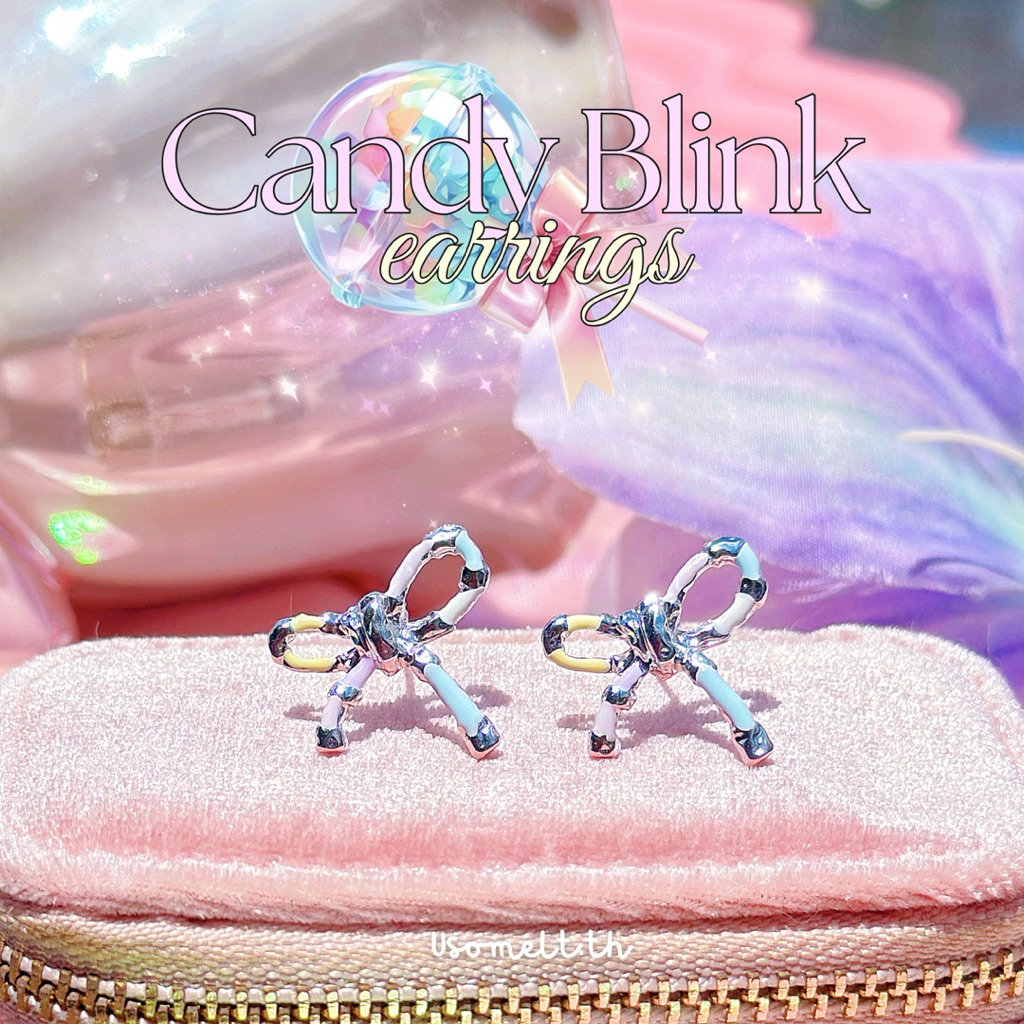 Usomelt.th - Candy Blink Earrings | ต่างหูโบว์สีเงินตกแต่งสีพาสเทล